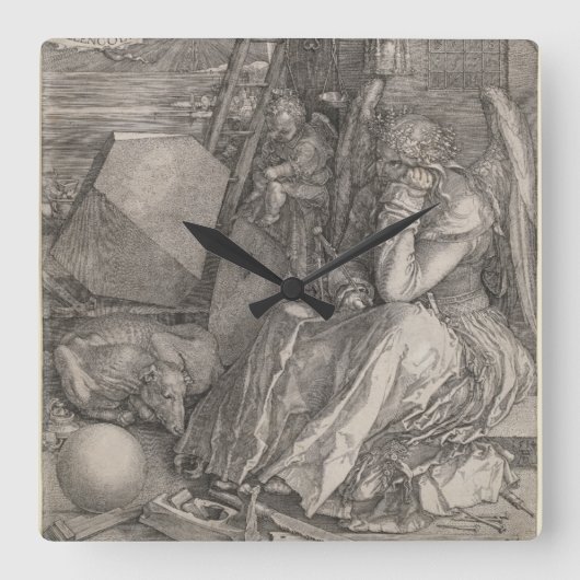うつ病I、版木、銅版、版画by Albrecht Durer スクエア壁時計 (正面)