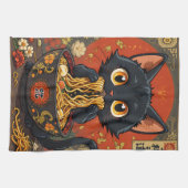 うどん入りのかわいい黒猫 キッチンタオル (横)