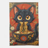 うどん入りのかわいい黒猫 キッチンタオル (縦)