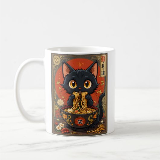 うどん入りのかわいい黒猫 コーヒーマグカップ (左)