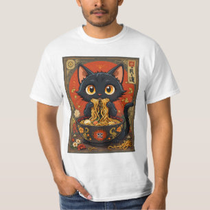 うどん入りのかわいい黒猫 Tシャツ