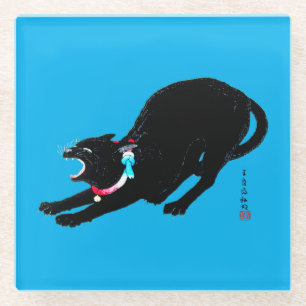 うなり声を上げる黒日本の猫 ガラスコースター