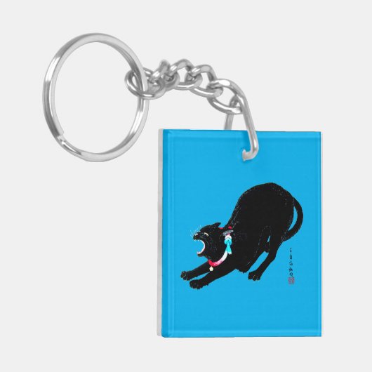 うなり声を上げる黒日本の猫 キーホルダー (正面左)