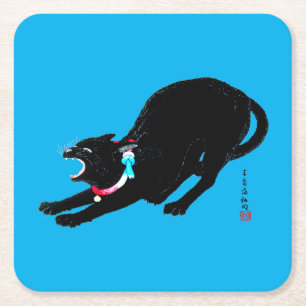 うなり声を上げる黒日本の猫 スクエアペーパーコースター