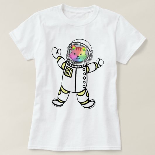 うなる虹のアストロキティキャット宇宙飛行士 Tシャツ (デザイン正面)