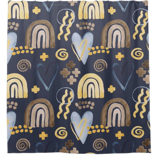 うぶな人オーガニックパターンを虹とハートで描く シャワーカーテン (正面)