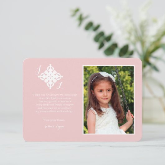 うやうやしい十字の宗教写真はピンク感謝していしています サンキューカード (スタンド正面)