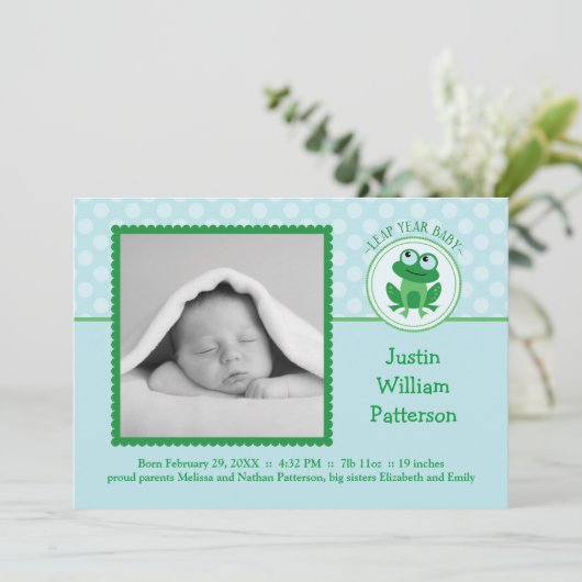 うるう年の男の子の写真の誕生の発表の招待状 招待状 (スタンド正面)