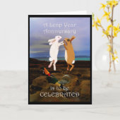 うるう年記念日、2匹の跳躍のウサギ カード (黄色い花)