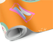 うれしそうなオレンジ色の時計と花パーティー ラッピングペーパー (ロールコーナー)