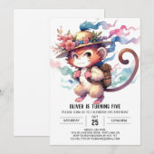 うれしそうなオンラインモンキー誕生日 招待状 (正面/裏面)