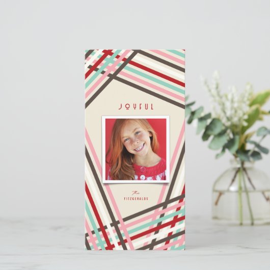 うれしそうなカラフルフェスティバルとおもしろいリボンのストライプ写真 シーズンカード (スタンド正面)