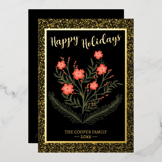 うれしそうなクリスマス冬のフローラ金ゴールドグリッター 箔シーズンカード (正面/裏面)