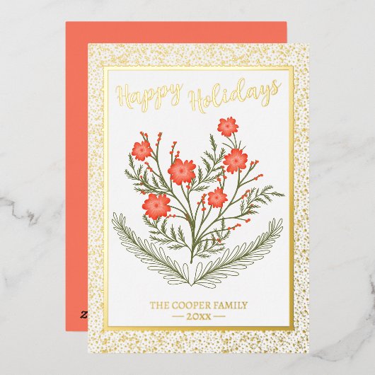 うれしそうなクリスマス冬のフローラ金ゴールドグリッター 箔シーズンカード (正面/裏面)