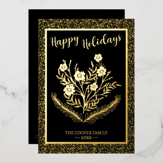 うれしそうなクリスマス冬のフローラ金ゴールドグリッター 箔シーズンカード (正面/裏面)