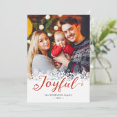 うれしそうなタイポグラフィの雪片クリスマスフォト シーズンカード (スタンド正面)