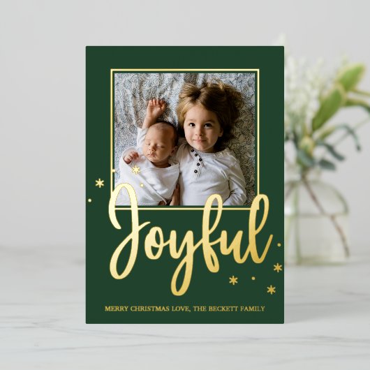 うれしそうなタイポグラフィスモダンクリプトフォトクリスマス 箔シーズンカード (立ち正面)