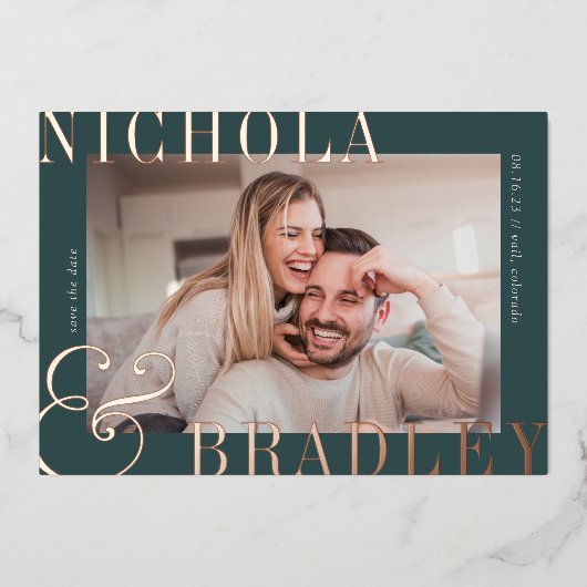 うれしそうなニュース |写真の日付の保存 箔招待状 (正面)