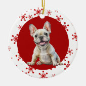 うれしそうなノイズフランスのブルドッグレッドスノーフレークホリデー セラミックオーナメント (正面)