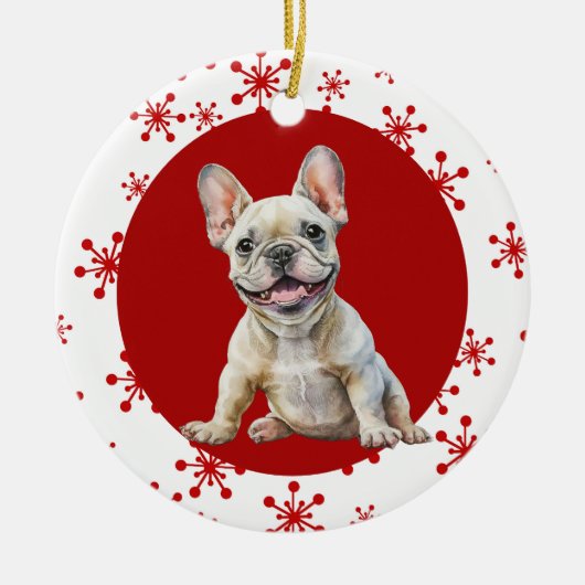 うれしそうなノイズフランスのブルドッグレッドスノーフレークホリデー セラミックオーナメント (正面)