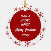 うれしそうなノイズフランスのブルドッグレッドスノーフレークホリデー セラミックオーナメント (裏面)