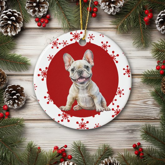 うれしそうなノイズフランスのブルドッグレッドスノーフレークホリデー セラミックオーナメント