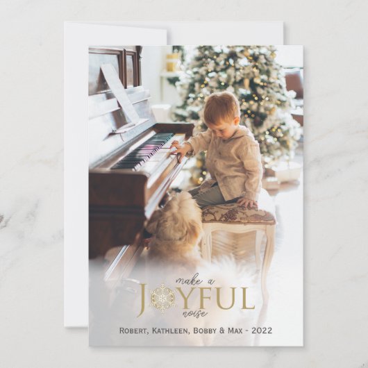 うれしそうなノイズ金ゴールドスノーフレークのクリスマスフォト シーズンカード (正面)