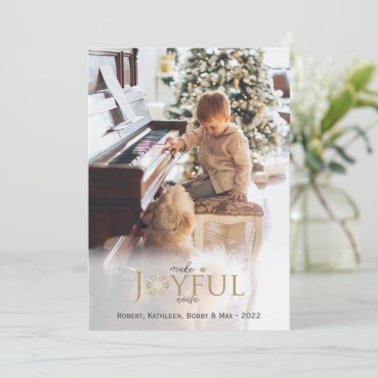 うれしそうなノイズ金ゴールドスノーフレークのクリスマスフォト シーズンカード (スタンド正面)