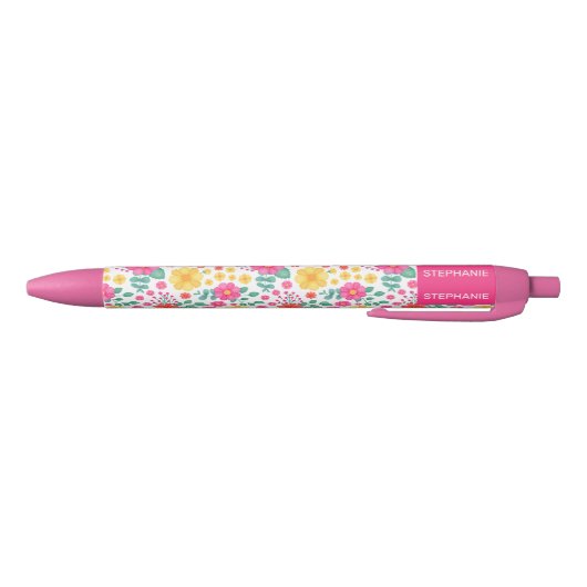 うれしそうなピンクのオレンジ色の黄色のフローラパーソナライズされた名 黒ボールペン (ボトム)