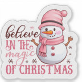 うれしそうなピンクの雪だるまがクリスマス応援を広げる シール (正面)