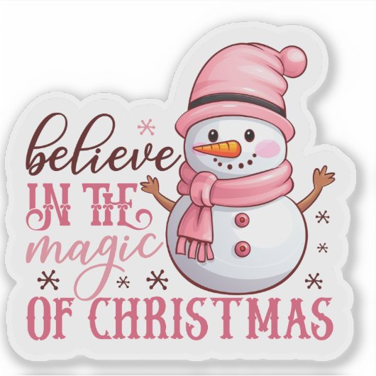 うれしそうなピンクの雪だるまがクリスマス応援を広げる シール (正面)