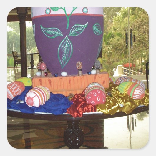 うれしそうなフェスティバルスプリングタイムイースターカラフルエッグアート スクエアシール (正面)