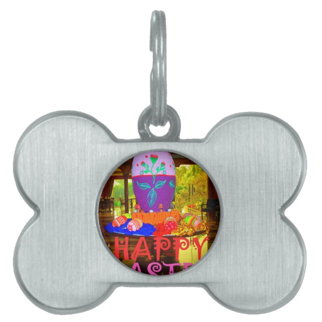 うれしそうなフェスティバルスプリングタイムイースターカラフルエッグアート ペットネームタグ (正面)