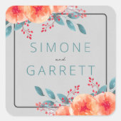 うれしそうなフローラオレンジとティール(緑がかった色)ブライト結婚ズ スクエアシール (正面)