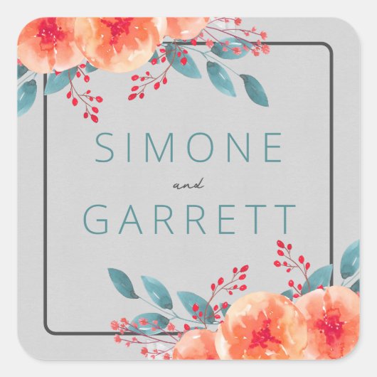 うれしそうなフローラオレンジとティール（緑がかった色）ブライト結婚ズ スクエアシール (正面)