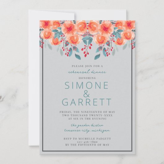 うれしそうなフローラオレンジとティール（緑がかった色）リハーサルディナー 招待状 (正面)