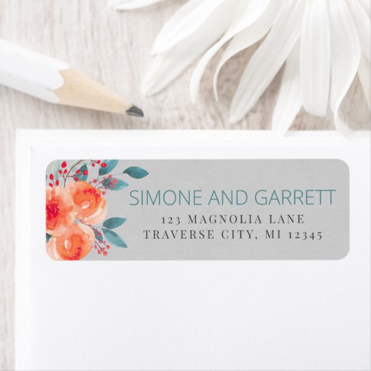 うれしそうなフローラオレンジとティール(緑がかった色)差出人住所 ラベル (インサイチュ)