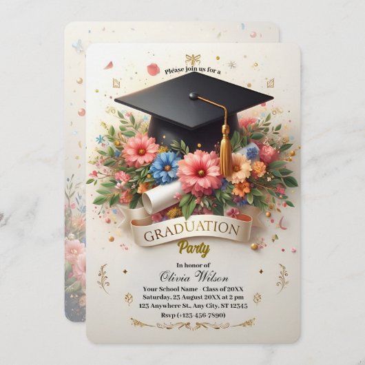 うれしそうなフローラ卒業パーティー招待状 招待状 (正面/裏面)