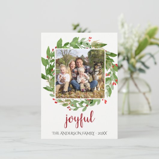うれしそうなリースの果実フォトクリスマスホリデー シーズンカード (スタンド正面)