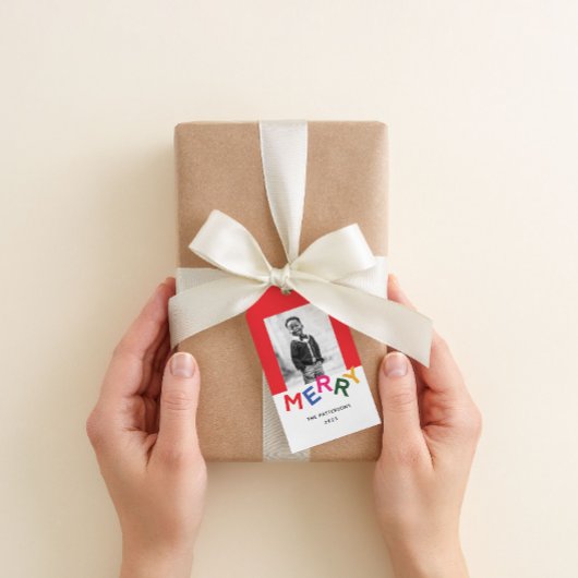 うれしそうなレタリングホリデーフォト ギフトタグ