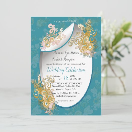 うれしそうな抽象芸術キャンディブルー – ピンク色の花 招待状 (スタンド正面)