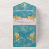 うれしそうな抽象芸術ピンク、スカイブルー – ピンク色の花 オールインワン招待状 (外側)