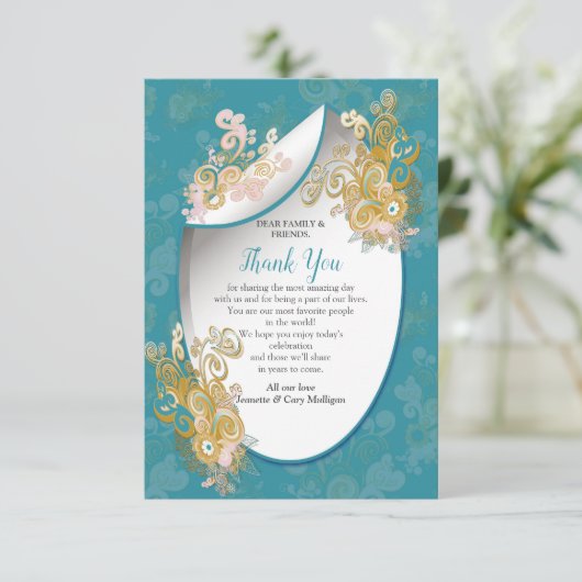 うれしそうな抽象芸術ピンク、スカイブルー – ピンク色の花 出欠カード (スタンド正面)