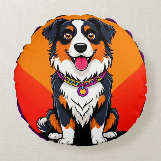 うれしそうな漫画の犬イラストレーション ラウンドクッション (正面)