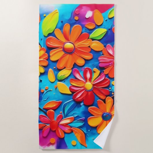 うれしそうな絵を描フローラ ビーチタオル (正面)