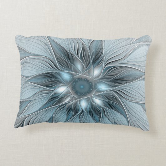 うれしそうな花抽象芸術ブルーグレーフローラフラクタル アクセントクッション (裏面)
