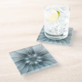 うれしそうな花抽象芸術ブルーグレーフローラフラクタル ガラスコースター (アングル)