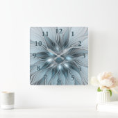 うれしそうな花抽象芸術ブルーグレーフローラフラクタル スクエア壁時計 (ホーム)