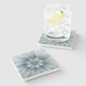 うれしそうな花抽象芸術ブルーグレーフローラフラクタル ストーンコースター (横)