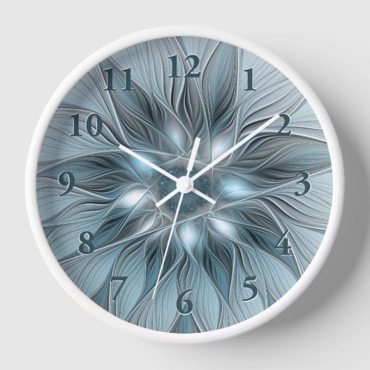 うれしそうな花抽象芸術ブルーグレーフローラフラクタル 壁時計 (正面)